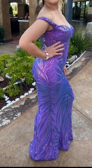 Purple,  Graphic,  Random Print,  Contrast Sequined, Off Shoulder Mermai… - Picture 13 of 13